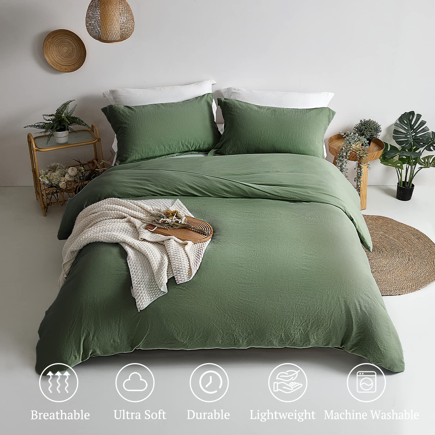 Mildly Super Soft Duvet Cover - 100% Washed Microfiber Olive Green Comforter Cover Set 3 Pieces With Zipper Closure & Corner Tie